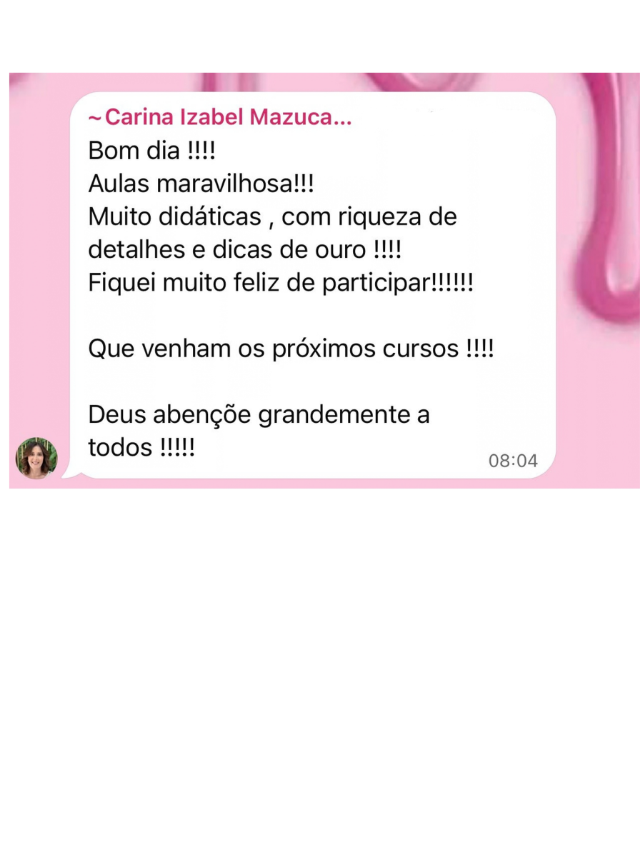 Depoimento do aluno Carina Izabel: aulas maravilhosas, muito didáticas, com riqueza de detalhes