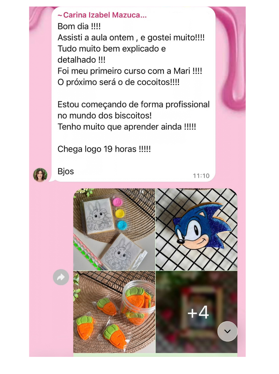 Depoimento do aluno Carina Izabel com fotos dos biscoitos que produziu após o curso