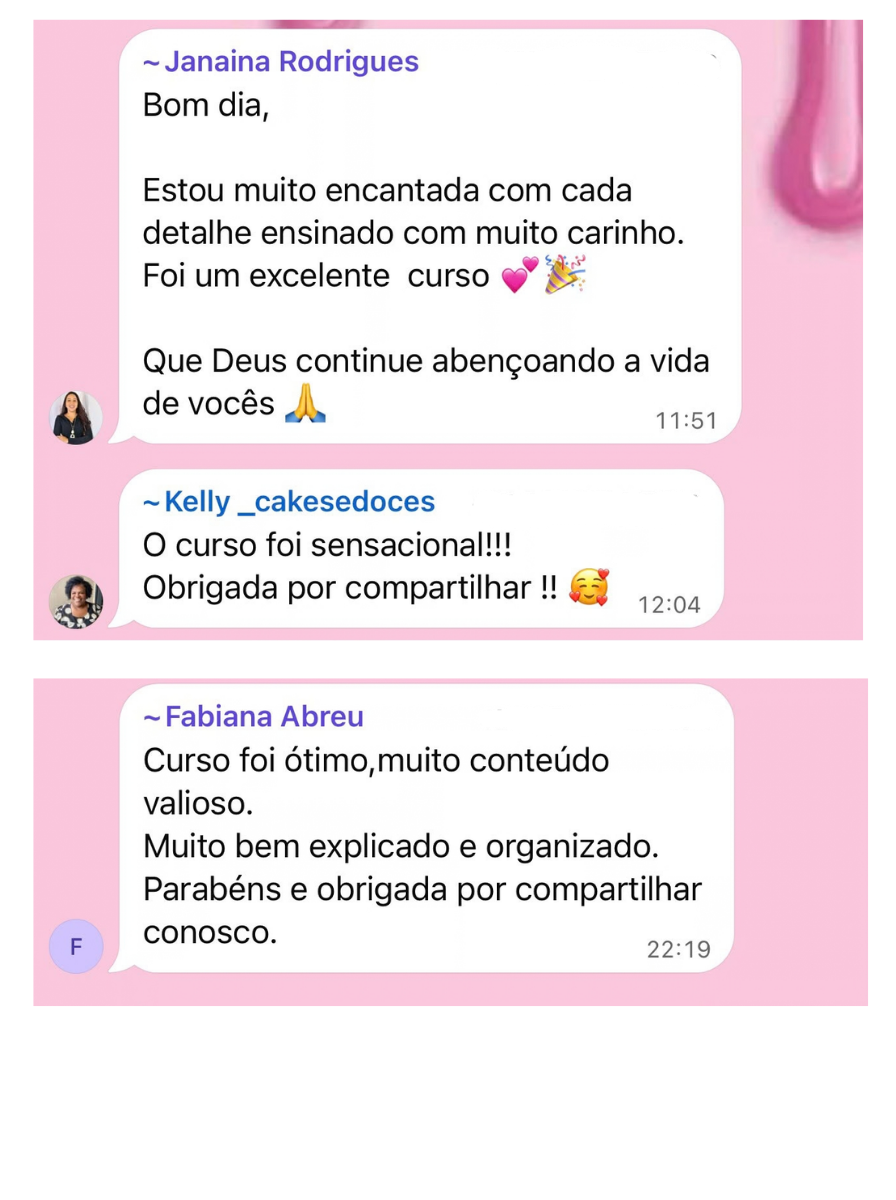 Depoimentos das alunos Janaina Rodrigues, Kelly e Fabiana Abreu elogiando o curso